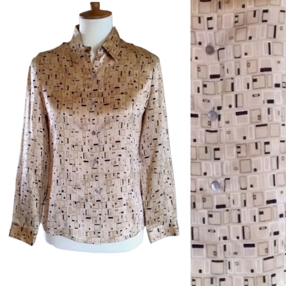 Vintage Silk Tan & Black Abstract Blouseβ